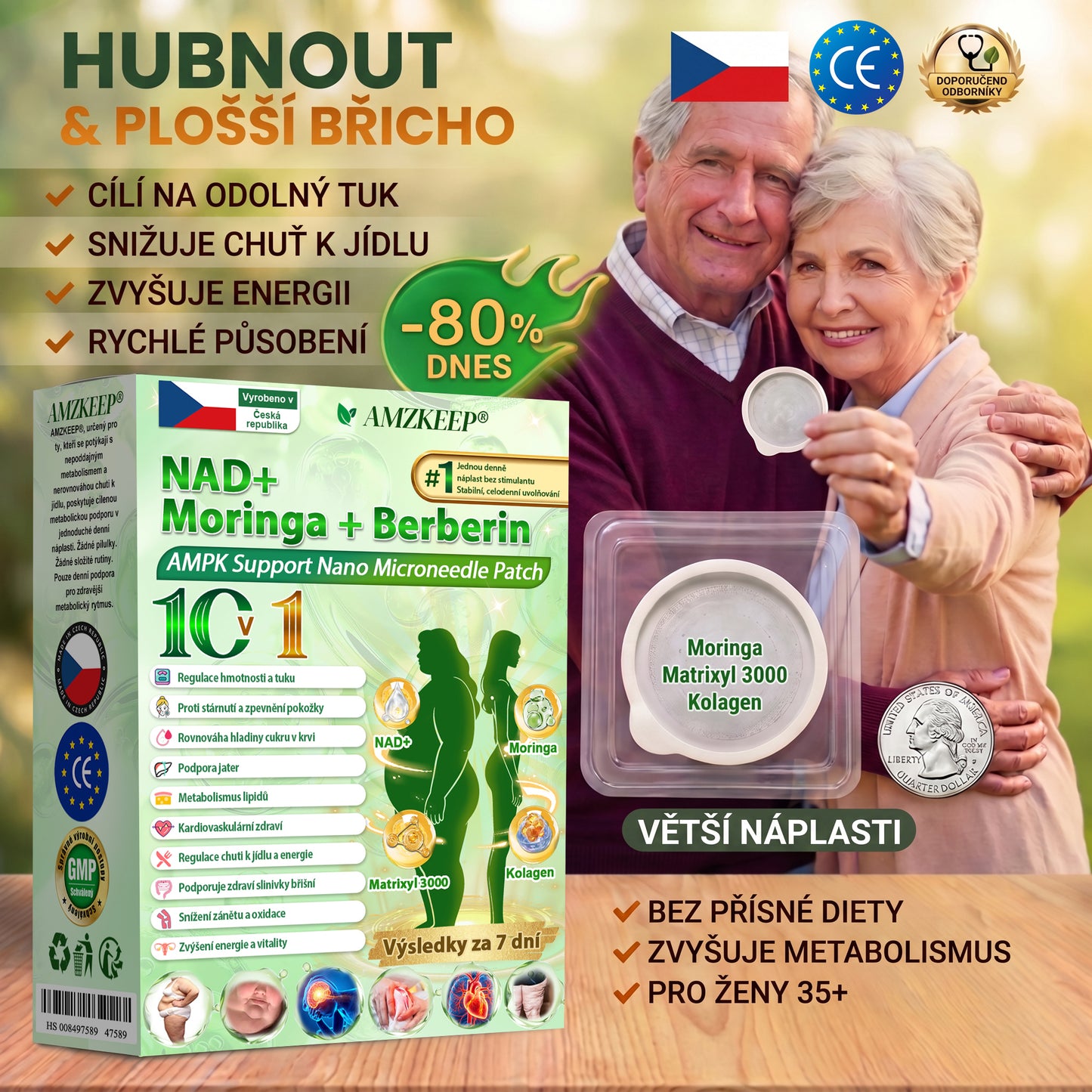 🏥 AMZKEEP® NAD+ Moringa Berberin AMPK nano-mikrojehličková náplast ✅ 1× denně, viditelné změny za 7 dní｜Berberin + moringa｜Na obezitu, povolenou kůži, cukrovku, spánkovou apnoi, kloubní potíže a další 💯🚀